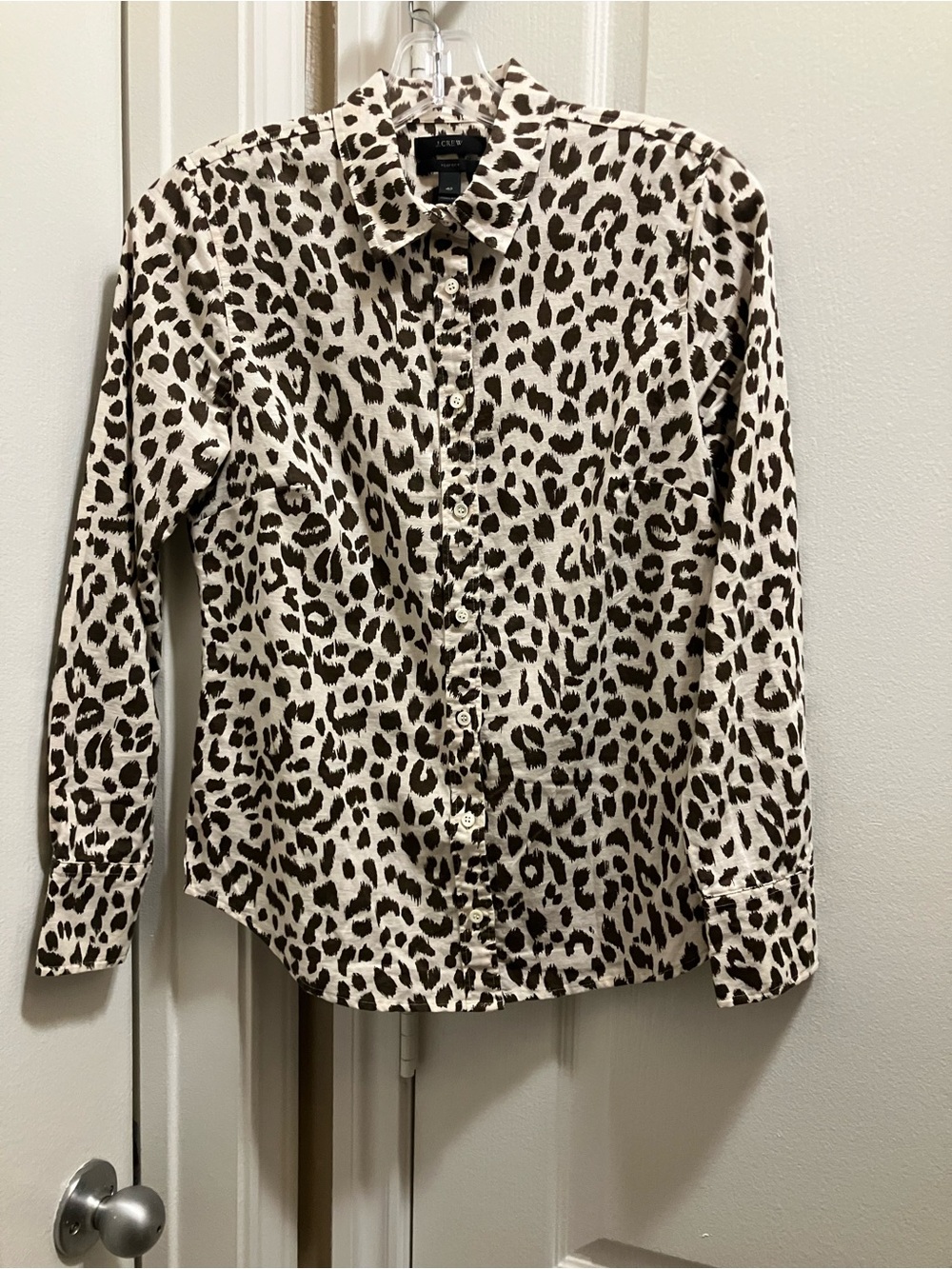 J Crew Women’s Leopard Print Button-Down Shirt in Cream and Brown Spots